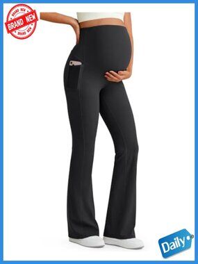 Maternity Flare Leggings Pregnancy Dress Pants Over Belly Stretchy with Pockets